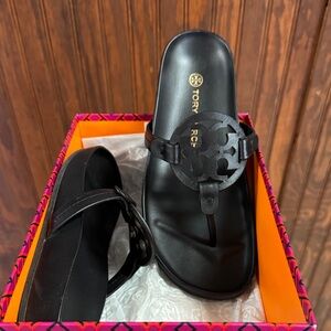 Tory Burch Black Logo Medallion Thong Sandals